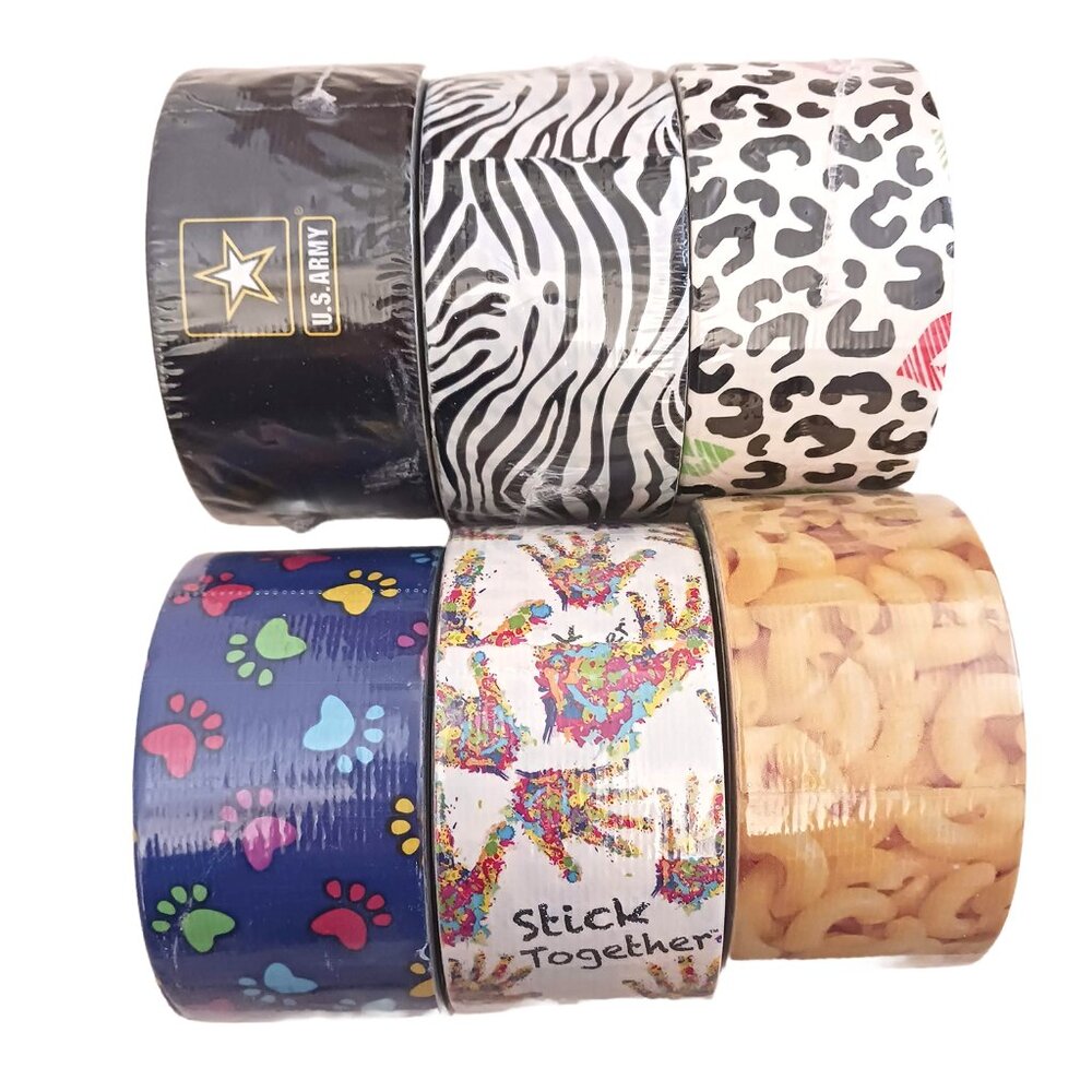 6 Duck Tape Roll Set Army, Zebra, Cheetah, Dog Prints, Stick Together, Macaroni
